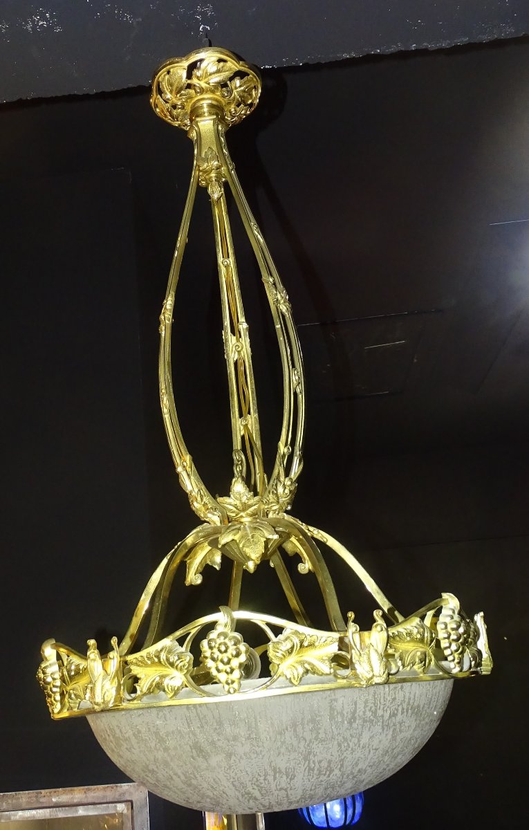 Chandelier Signed By Daum Art Deco With Gilded Bronze Frame And Engraved Glass-photo-2