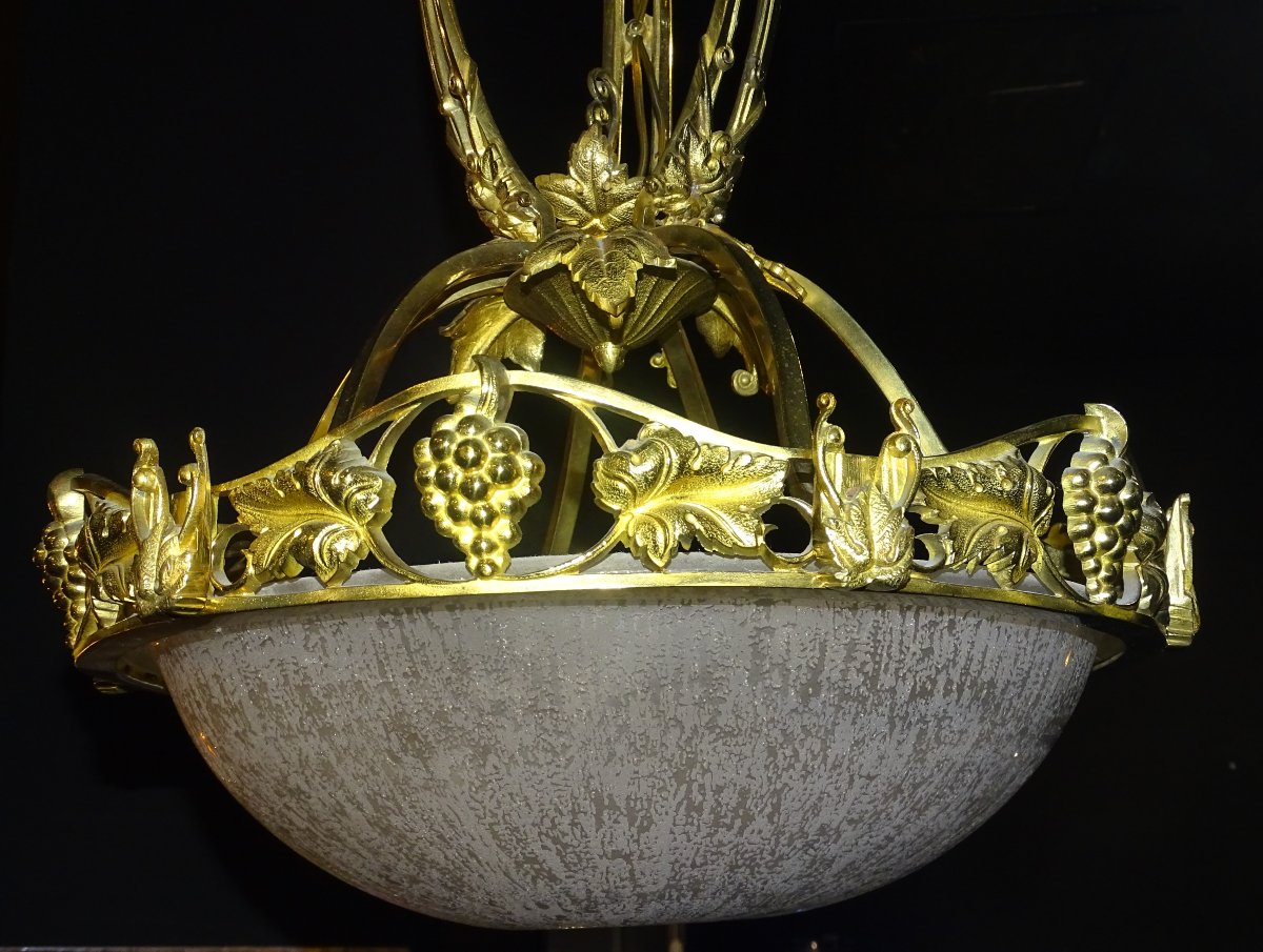 Chandelier Signed By Daum Art Deco With Gilded Bronze Frame And Engraved Glass-photo-2