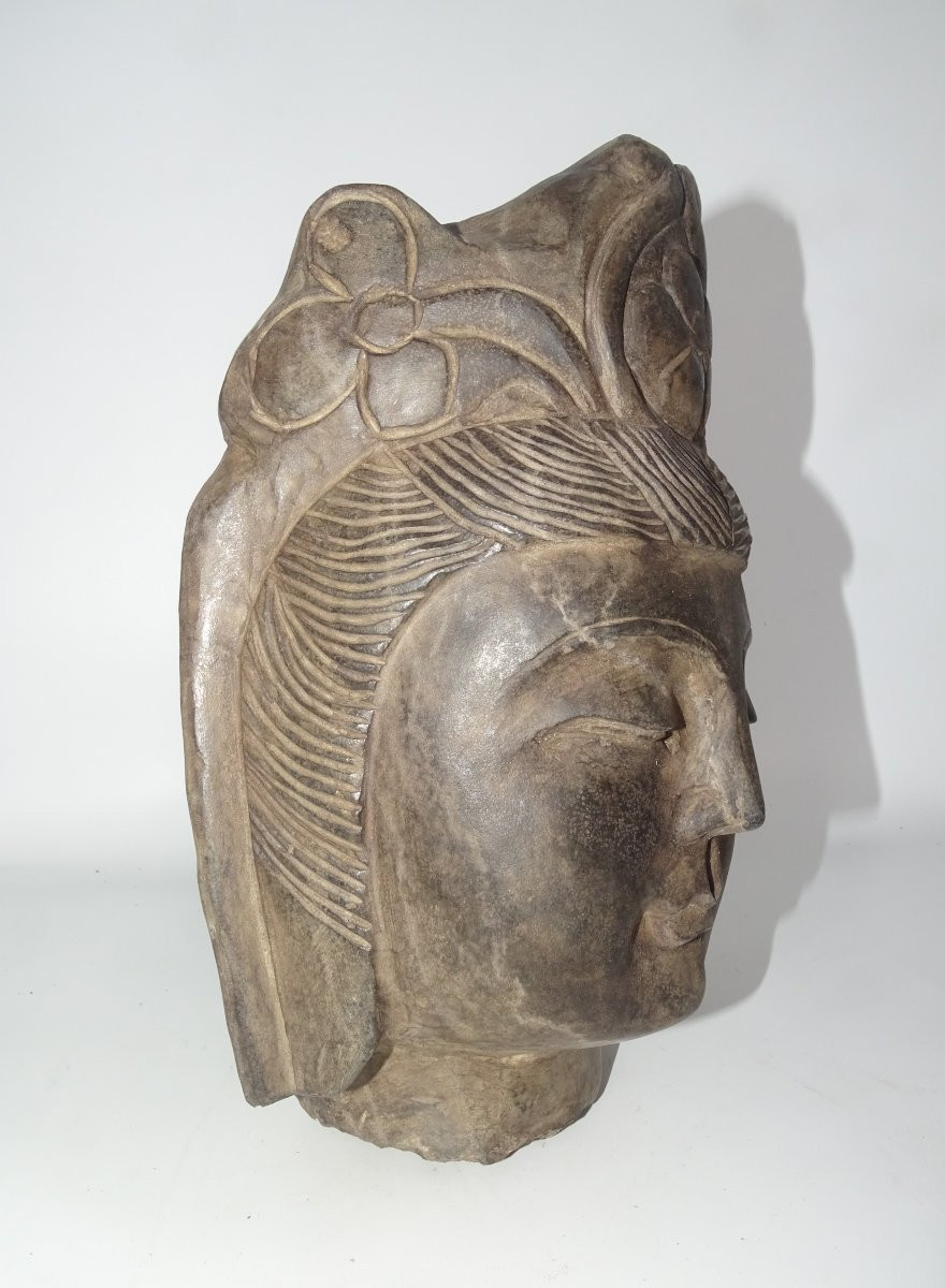 Imposing Stone Head Of Guanyin, China, 19th Century-photo-2