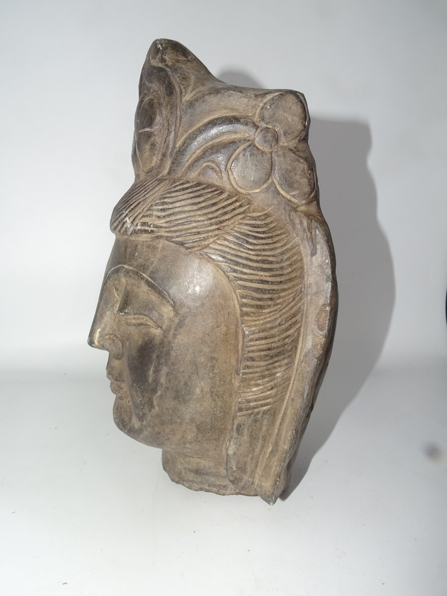 Imposing Stone Head Of Guanyin, China, 19th Century-photo-3