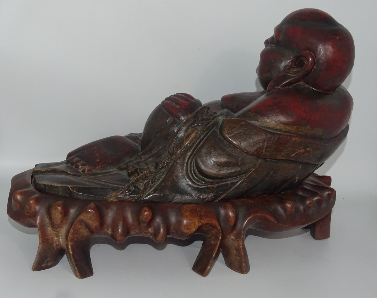 China, Large Laughing Buddha In Lacquered Wood, Precious Wood Base From The 19th Century-photo-4