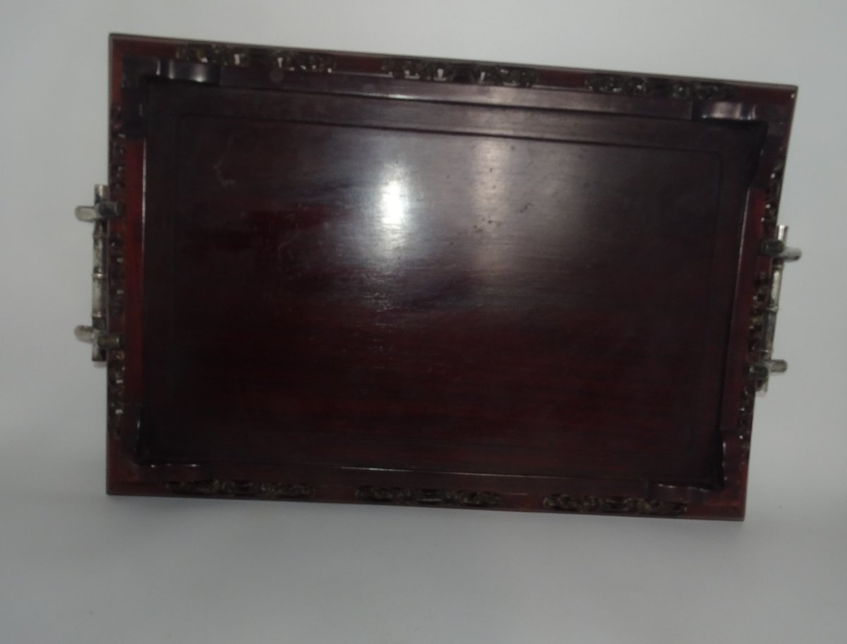 plat a desservir en bois et argent massif du XIXème, indochine, vietnam-photo-2