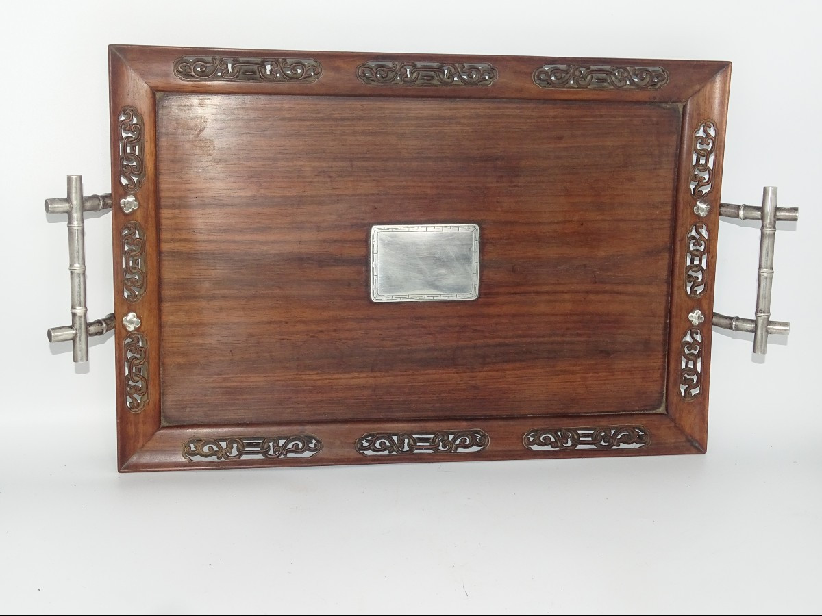 plat a desservir en bois et argent massif du XIXème, indochine, vietnam