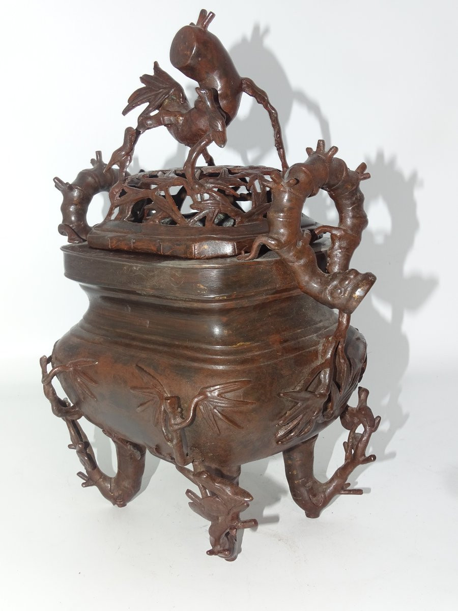 Large Bronze Perfume Burner With Bamboo Decor, 19th Century, Indochina Or Japan-photo-2