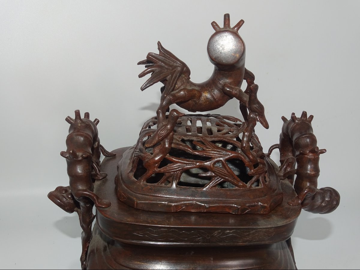 Large Bronze Perfume Burner With Bamboo Decor, 19th Century, Indochina Or Japan-photo-3
