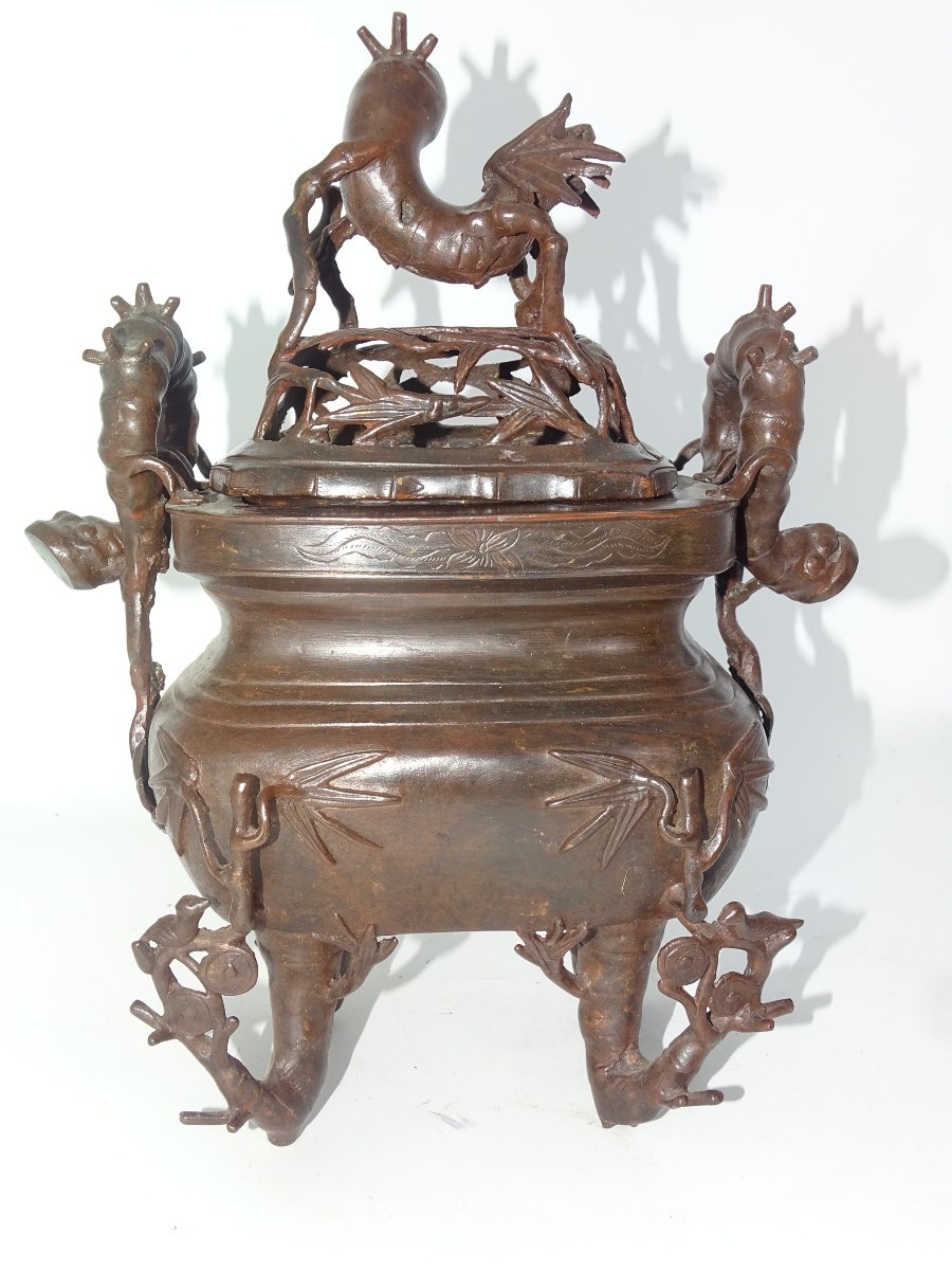 Large Bronze Perfume Burner With Bamboo Decor, 19th Century, Indochina Or Japan