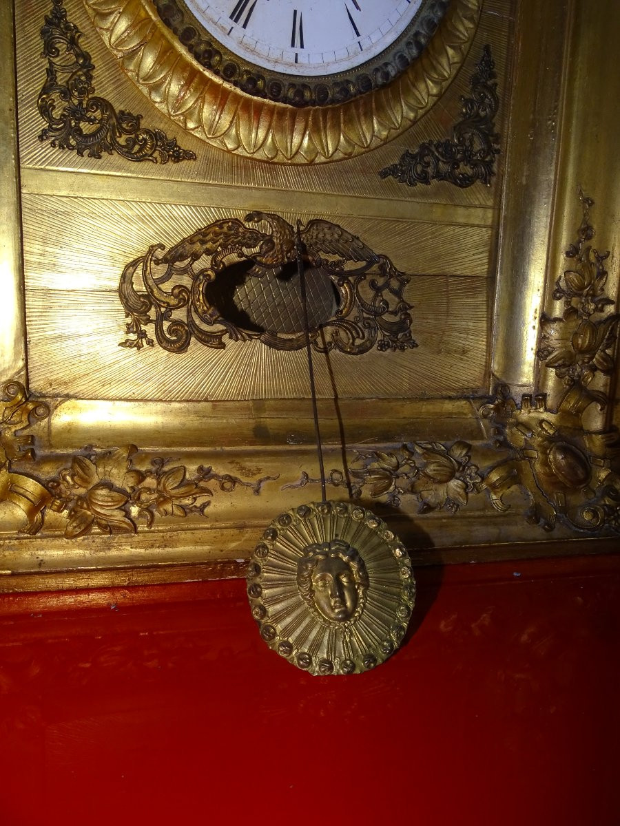 Gilded Wood Wall Clock, Cord Movement And 4 Winders, 19th Century-photo-1