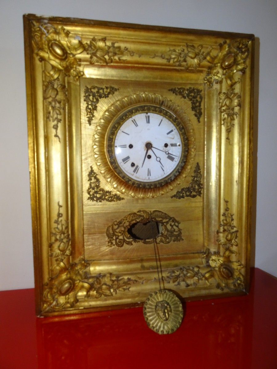 Gilded Wood Wall Clock, Cord Movement And 4 Winders, 19th Century