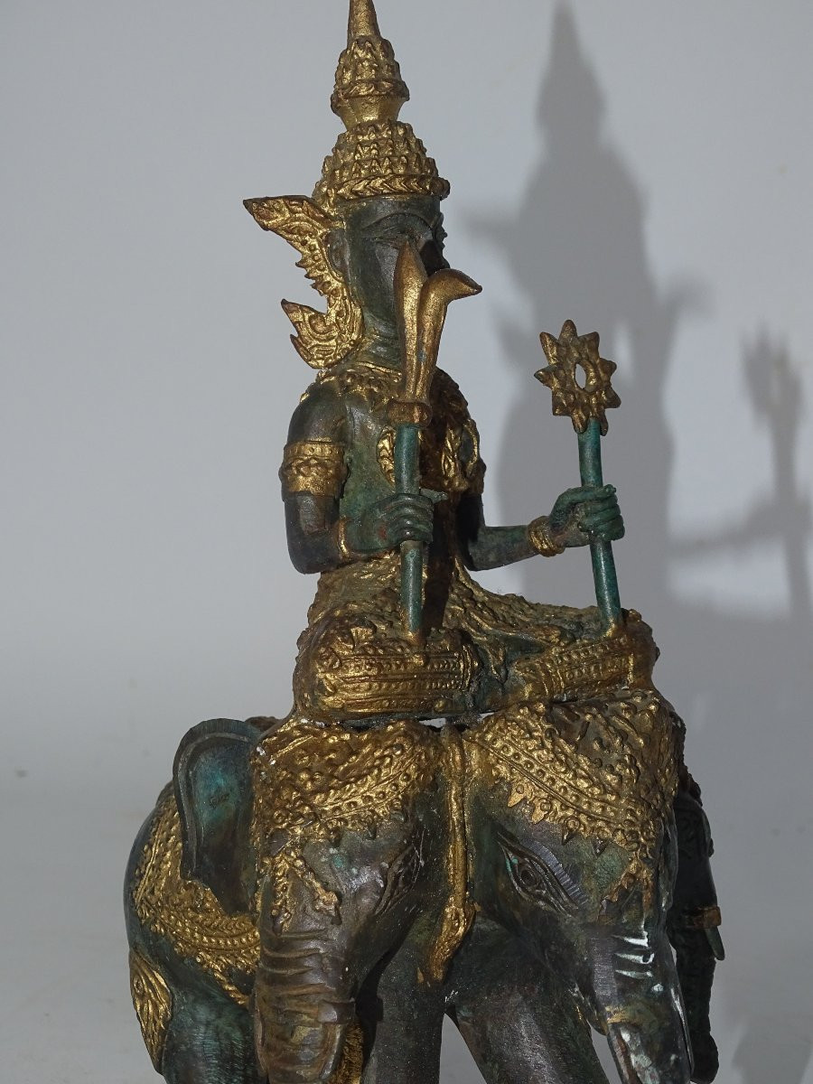 Small Bronze Buddha On A Three-headed Elephant, Thailand Or Burma-photo-4