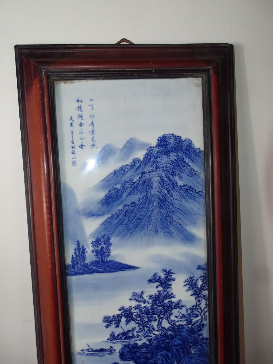 China Porcelain Plate With Blue Landscape Decor And Signature-photo-2