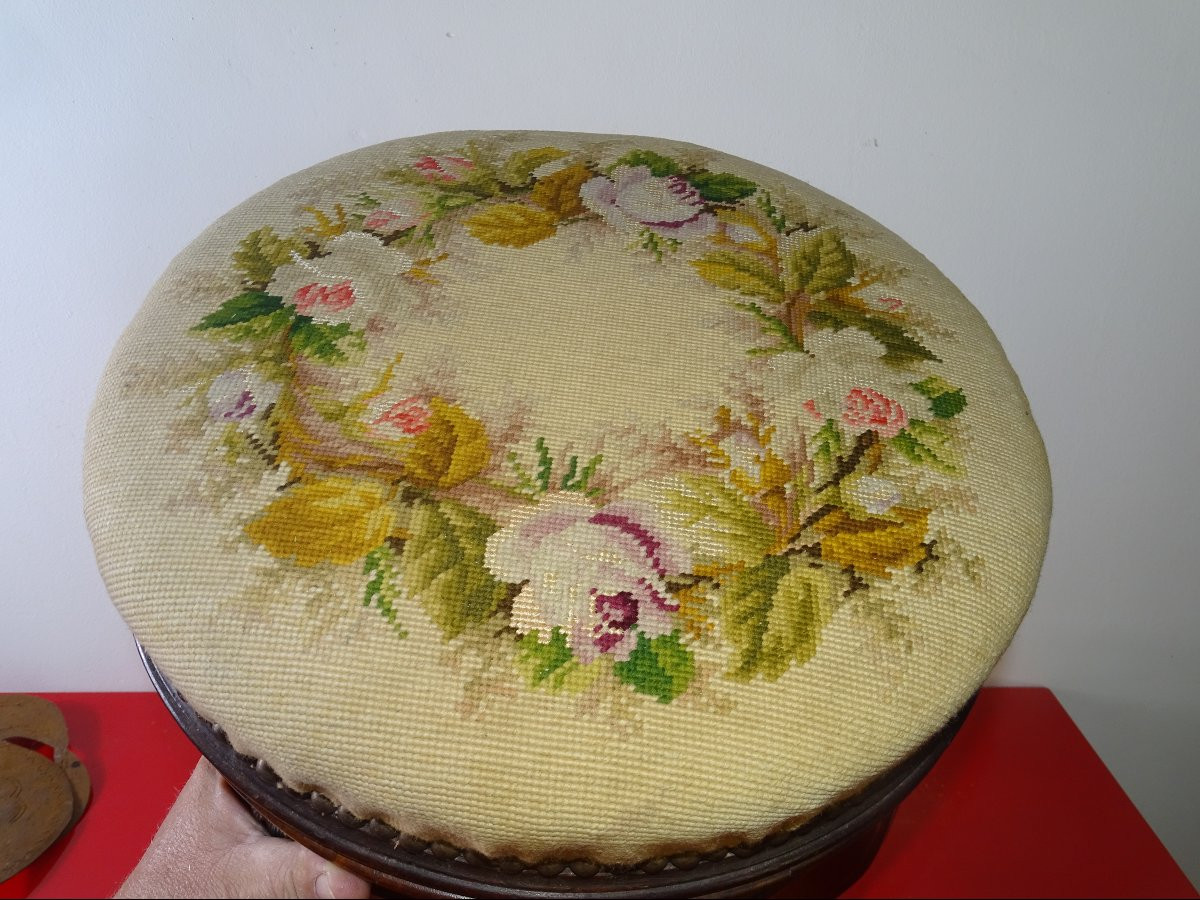 tabouret de piano style louis XV en palissandre, tapisserie au petit point, époque XIXème-photo-2