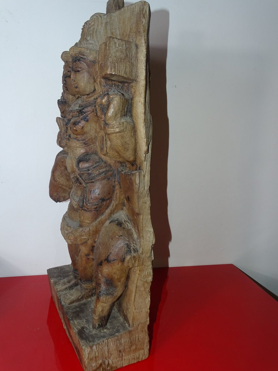 Ancien Grand Panneau Sculpté Bois, Char Inde ,Bas Relief ,Divinité, XVIIIème-photo-1