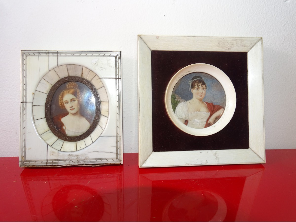 2 miniatures en os ou ivoire du XIX ème, portraits jeune femme