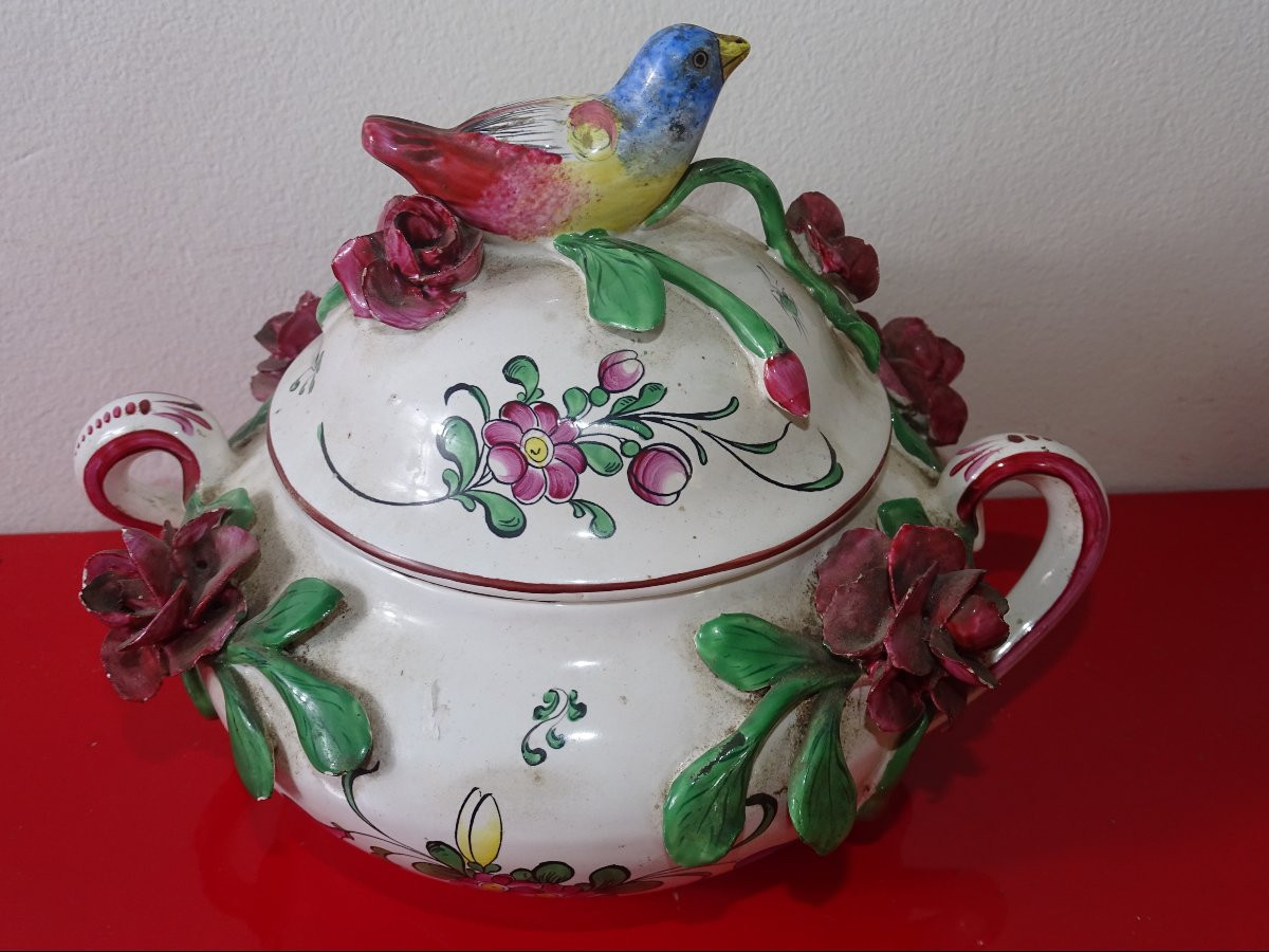 Covered Pot In Old Strasbourg Earthenware With Bird And Flower Decoration, 19th Century-photo-2