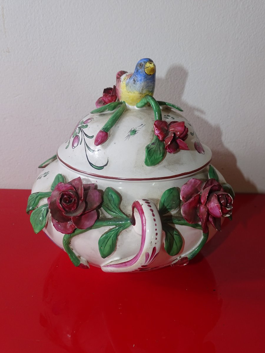 Covered Pot In Old Strasbourg Earthenware With Bird And Flower Decoration, 19th Century-photo-3