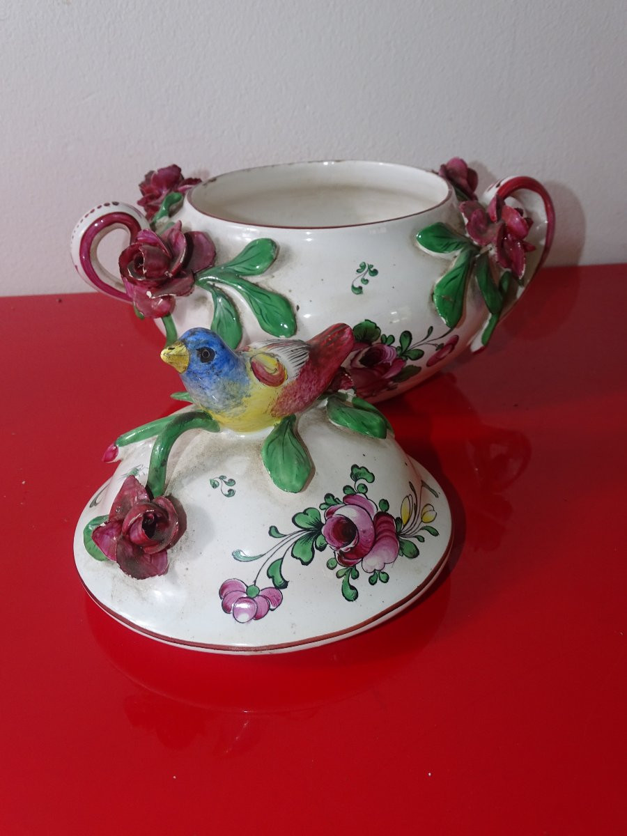 Covered Pot In Old Strasbourg Earthenware With Bird And Flower Decoration, 19th Century-photo-4