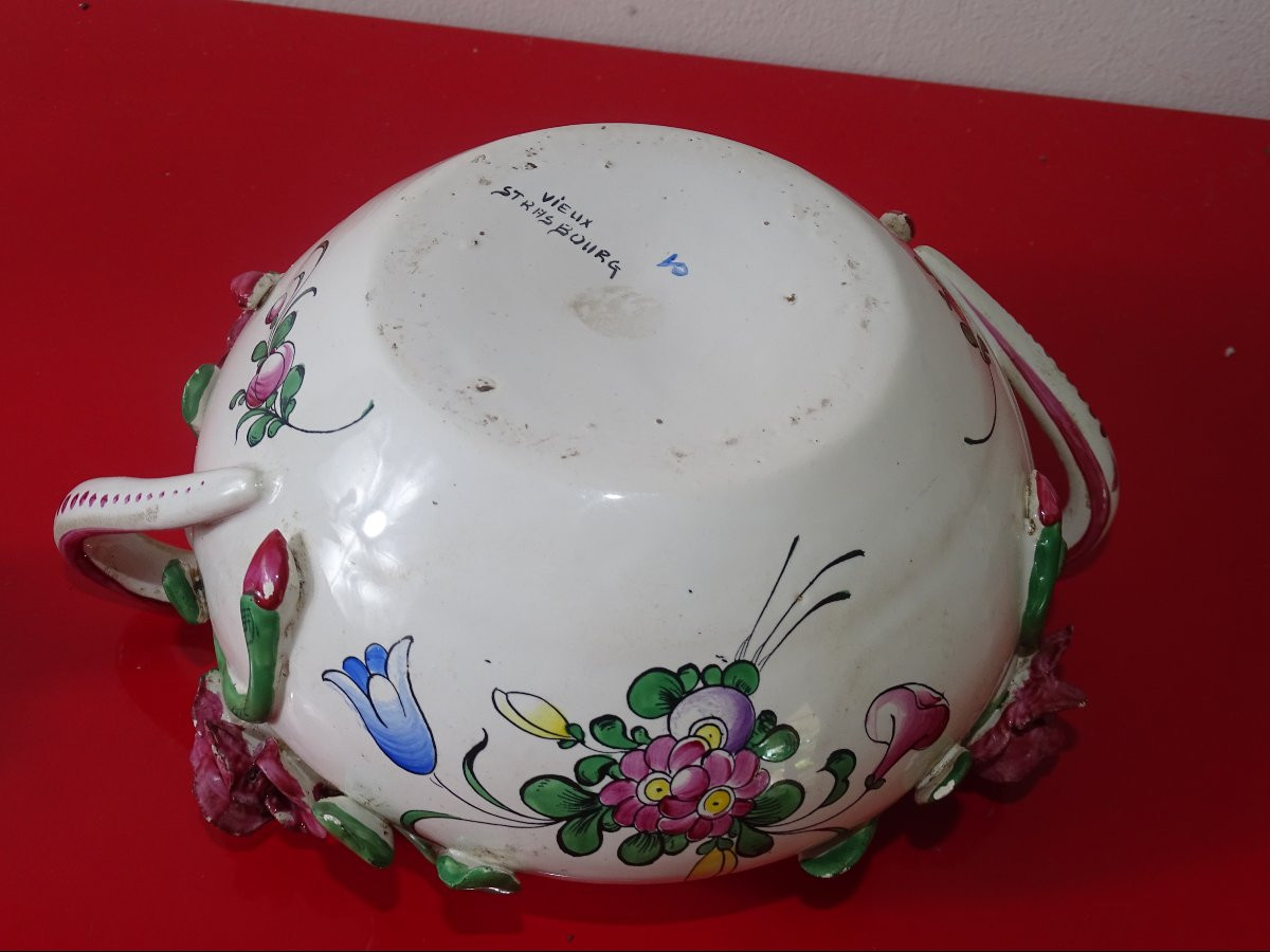 Covered Pot In Old Strasbourg Earthenware With Bird And Flower Decoration, 19th Century-photo-1