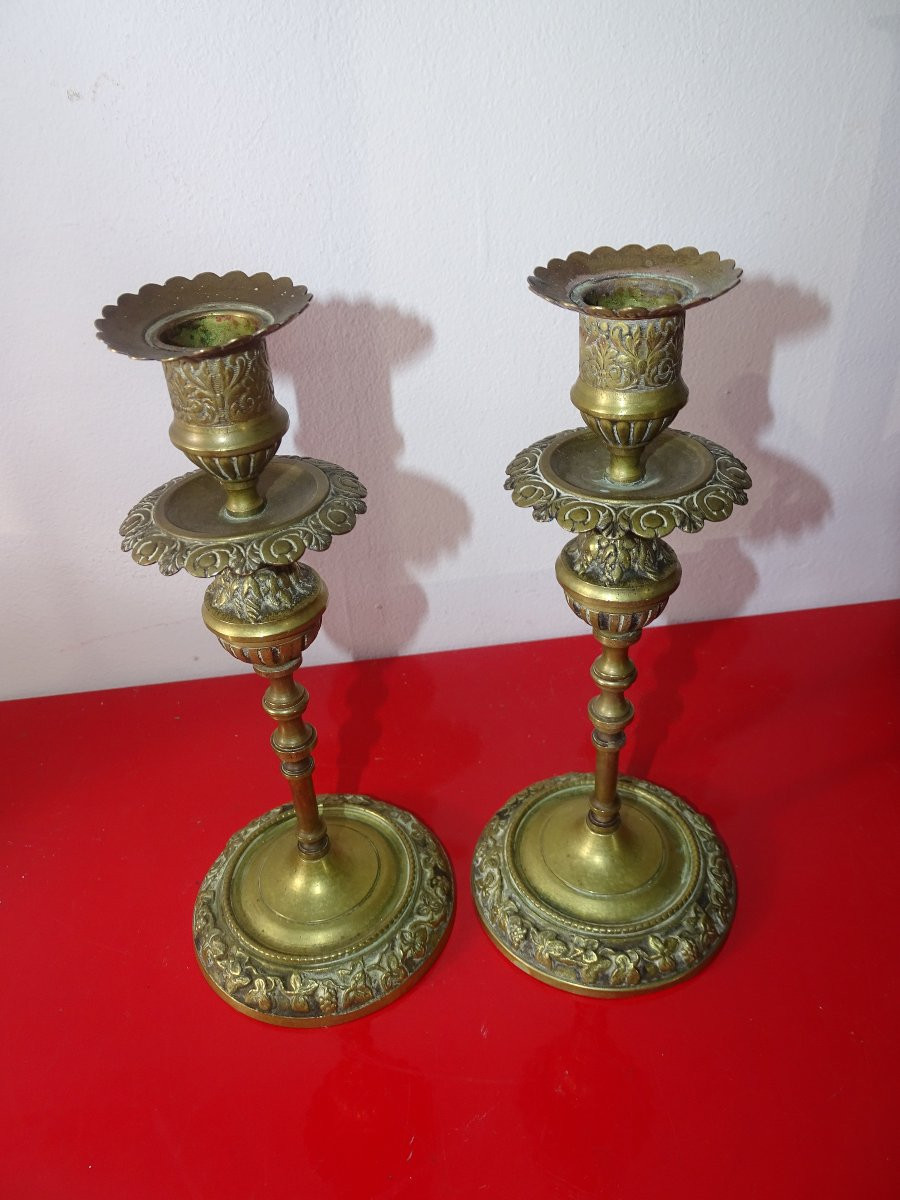 Paire de bougeoirs napolèon III du XIXème en bronze laiton-photo-2