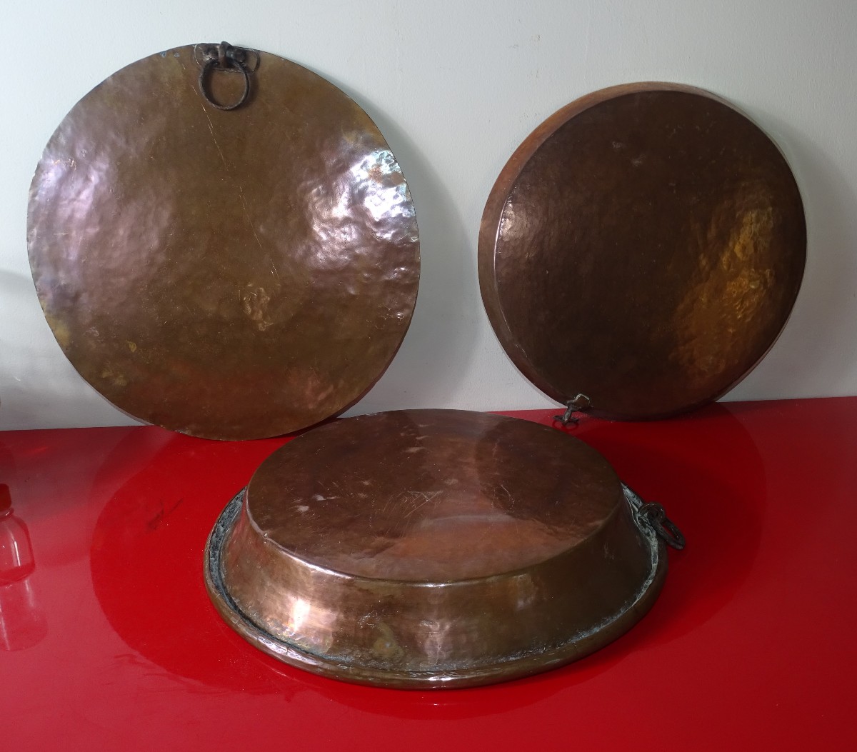 Antique 19th Century Copper Saucepan Lids With Iron Handles, 3 Pieces, Approximately 6kg