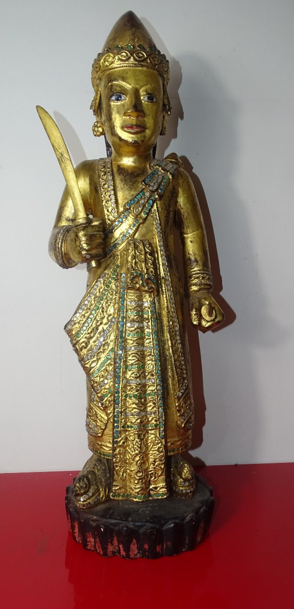Large Wooden Buddha, 75 Cm, Gilded With Gold Leaf, 19th Century-photo-2