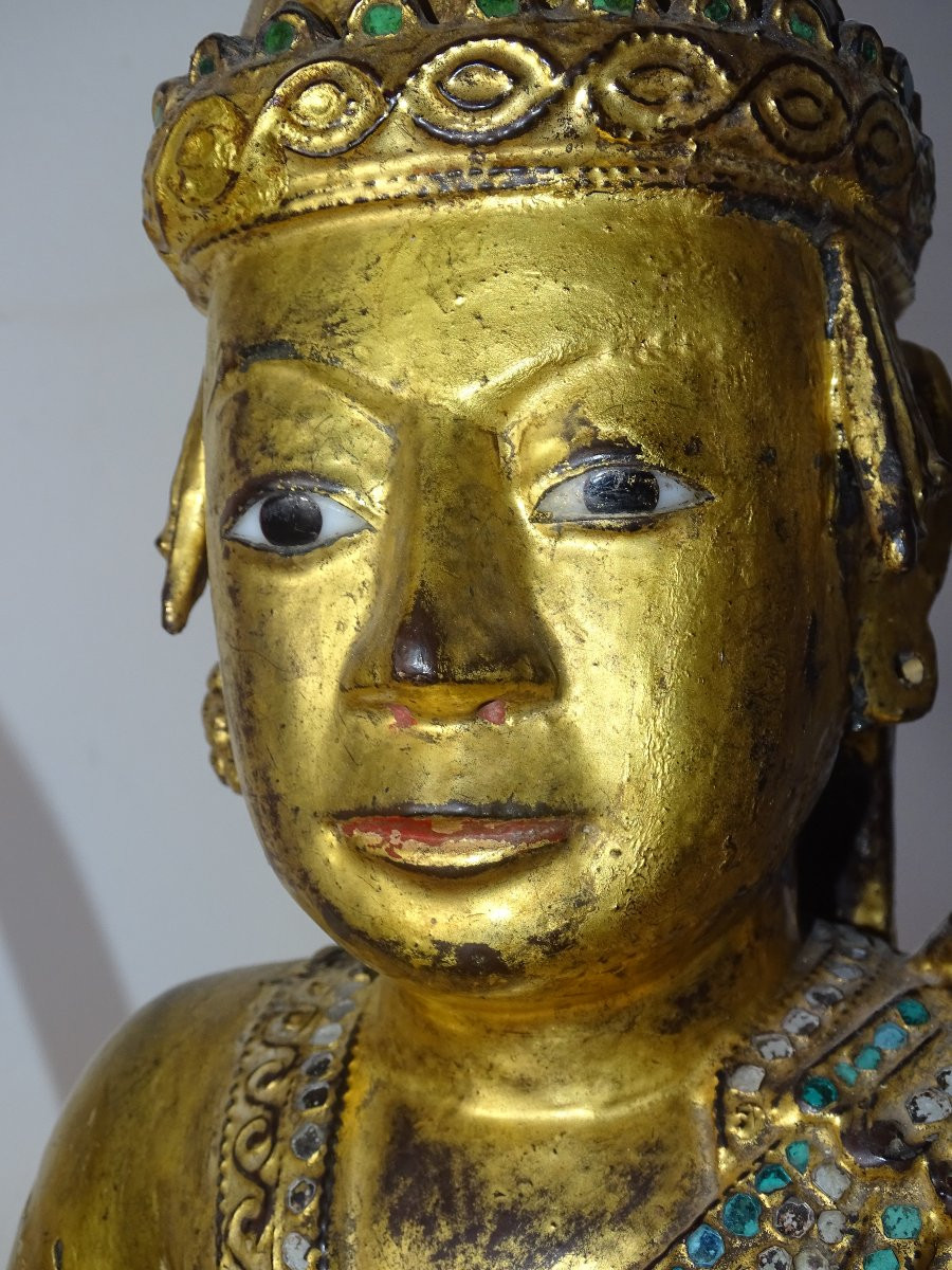 Large Wooden Buddha, 75 Cm, Gilded With Gold Leaf, 19th Century-photo-3