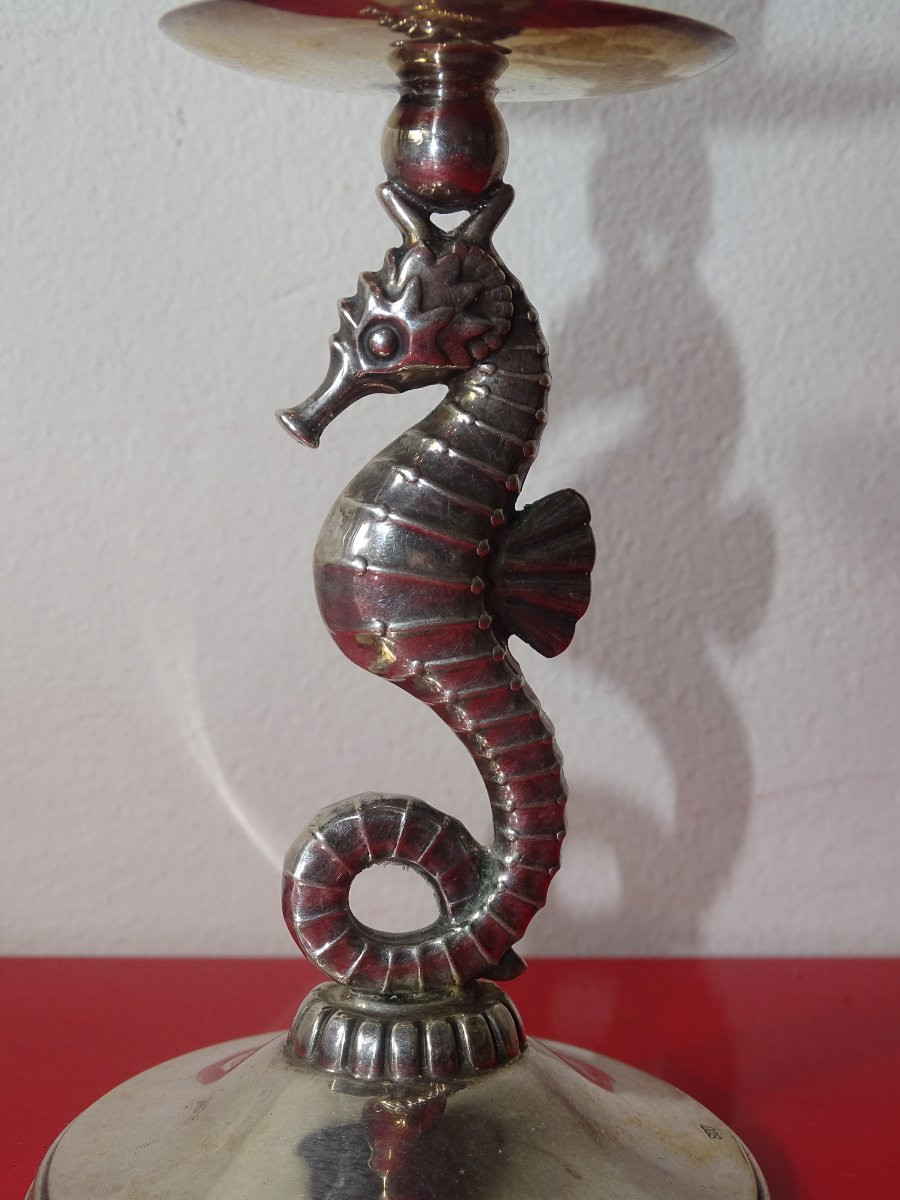 Pair Of Art Deco Solid Silver Candlesticks Decorated With Seahorses, Hallmarked 800-photo-4
