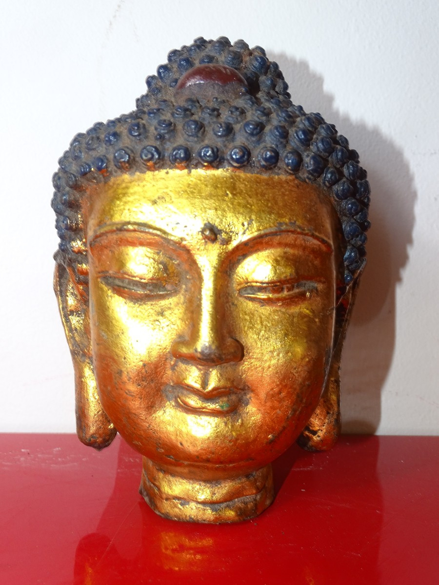 Gilded Cast Iron Temple Buddha Head, 19th Century-photo-2