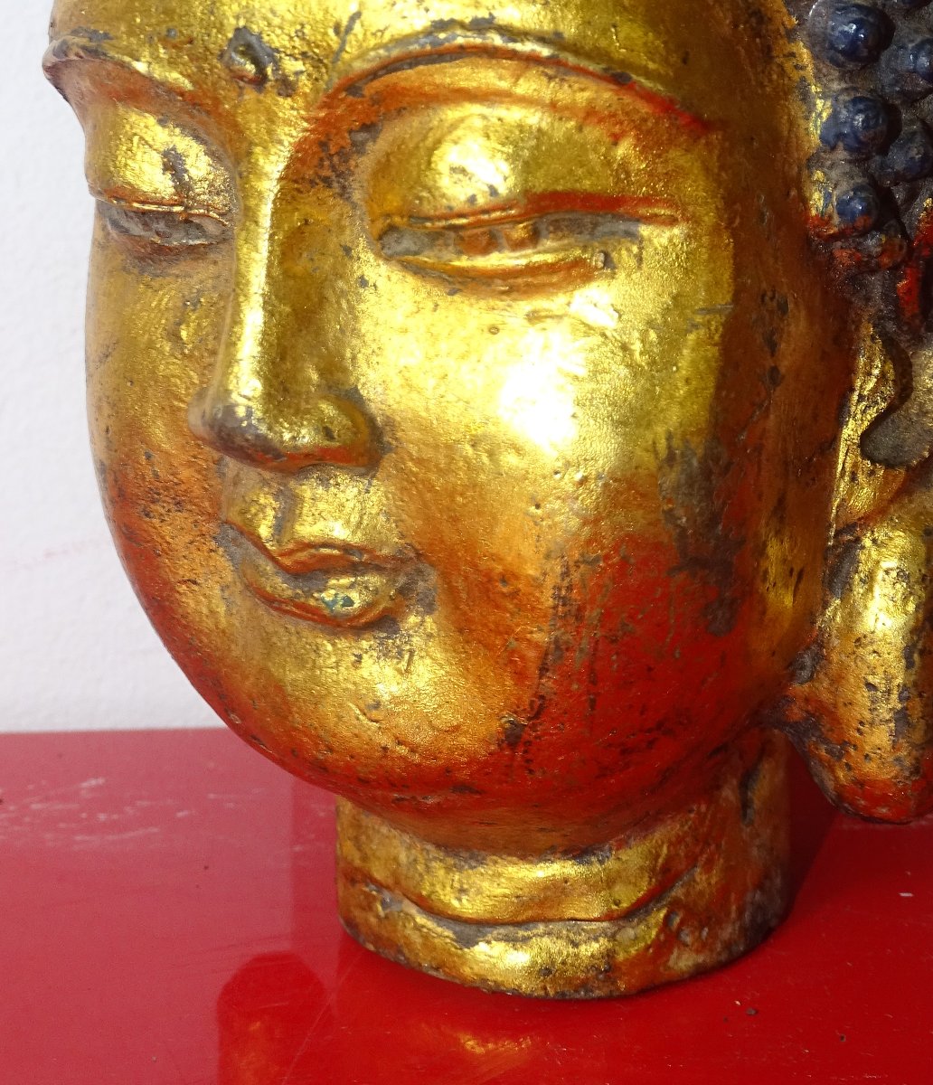 Gilded Cast Iron Temple Buddha Head, 19th Century-photo-1