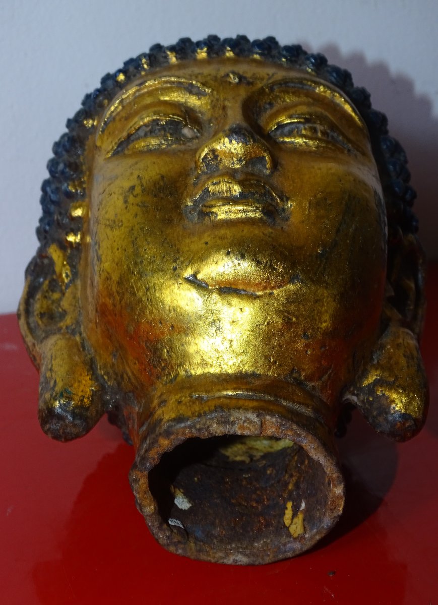 Gilded Cast Iron Temple Buddha Head, 19th Century-photo-6