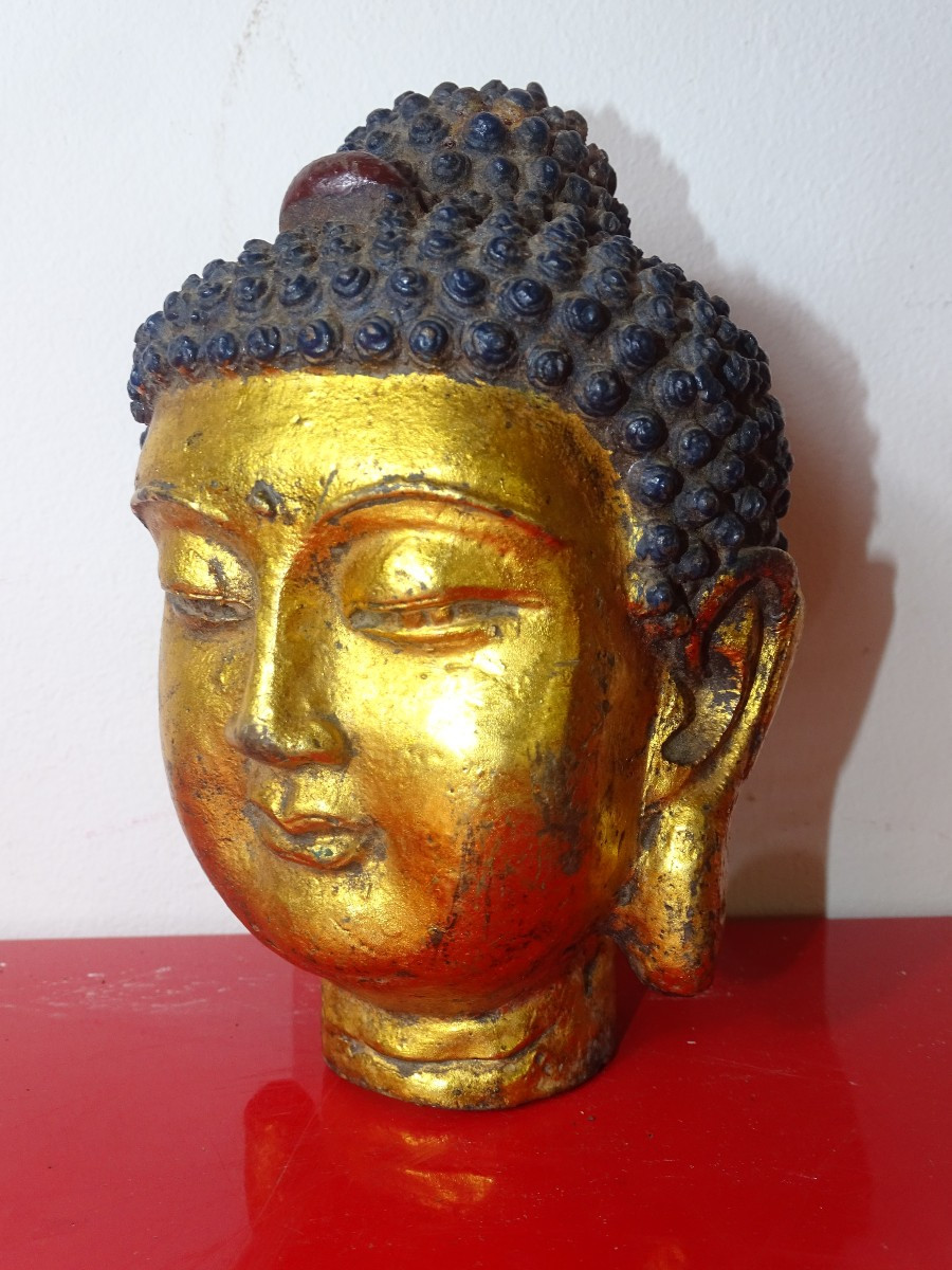 Gilded Cast Iron Temple Buddha Head, 19th Century