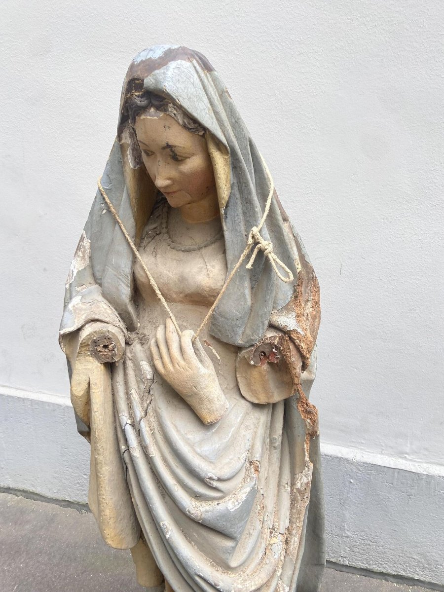 18th Century. Large Polychrome Wood Sculpted Church Virgin, 147 Cm-photo-2