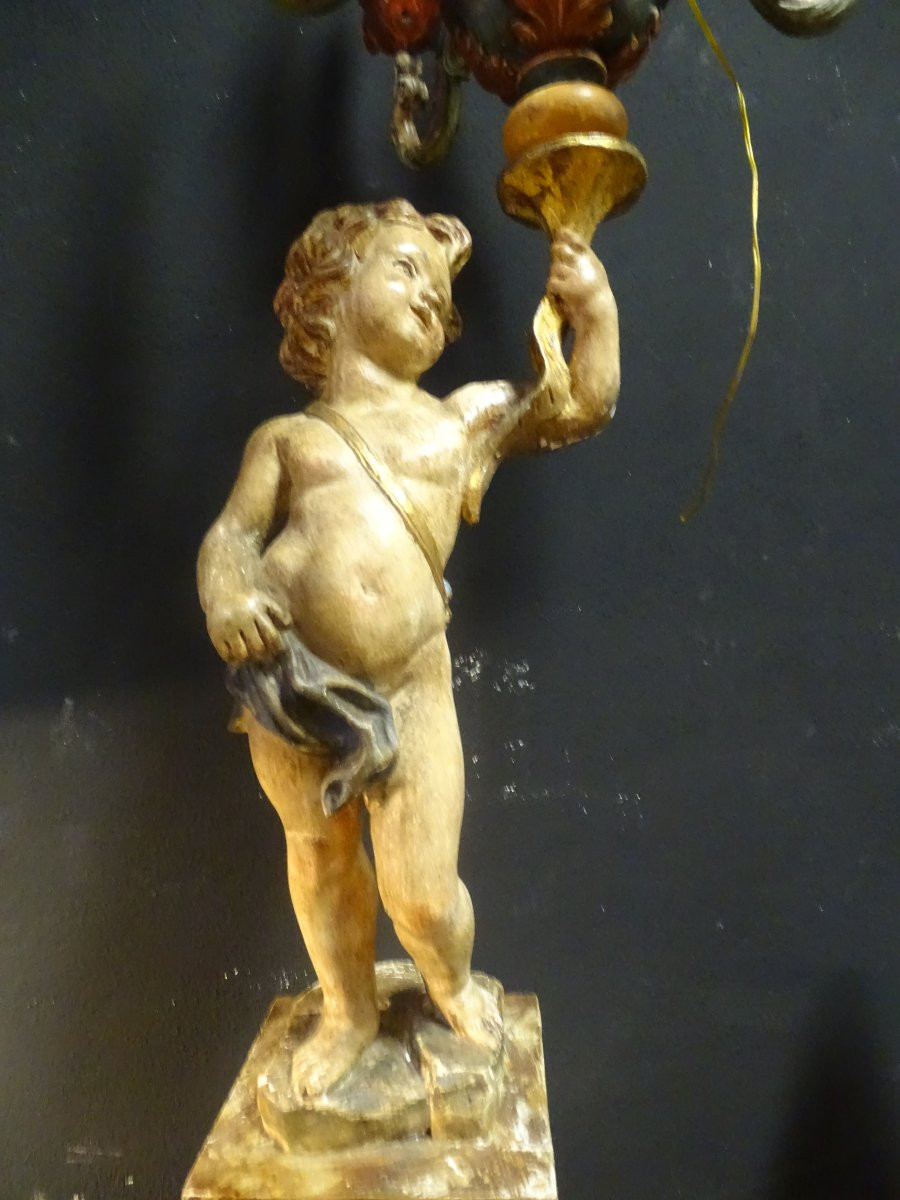 Putti, Angel, Cherub Holding A Polychrome Wooden Torchère, Venice, 19th Century-photo-3