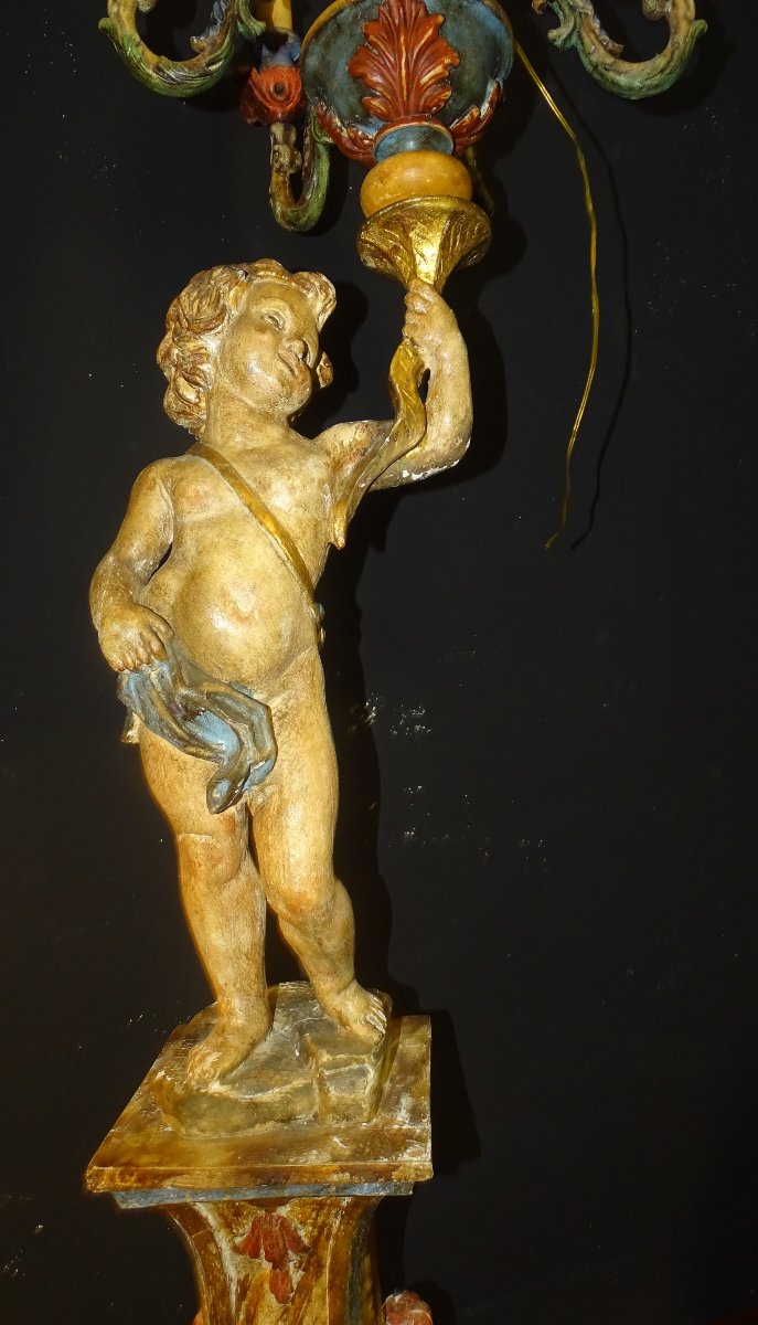 Putti, Angel, Cherub Holding A Polychrome Wooden Torchère, Venice, 19th Century-photo-4