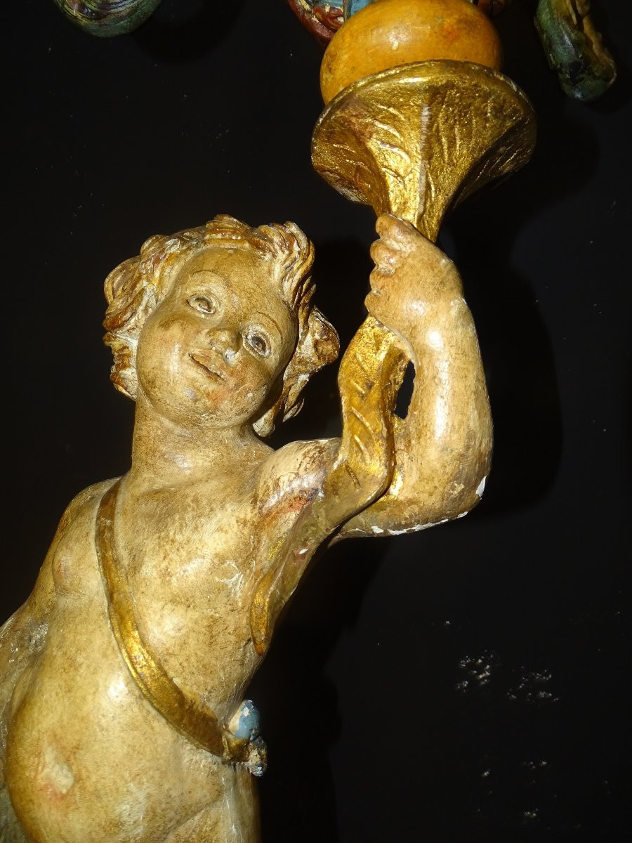 Putti, Angel, Cherub Holding A Polychrome Wooden Torchère, Venice, 19th Century-photo-3