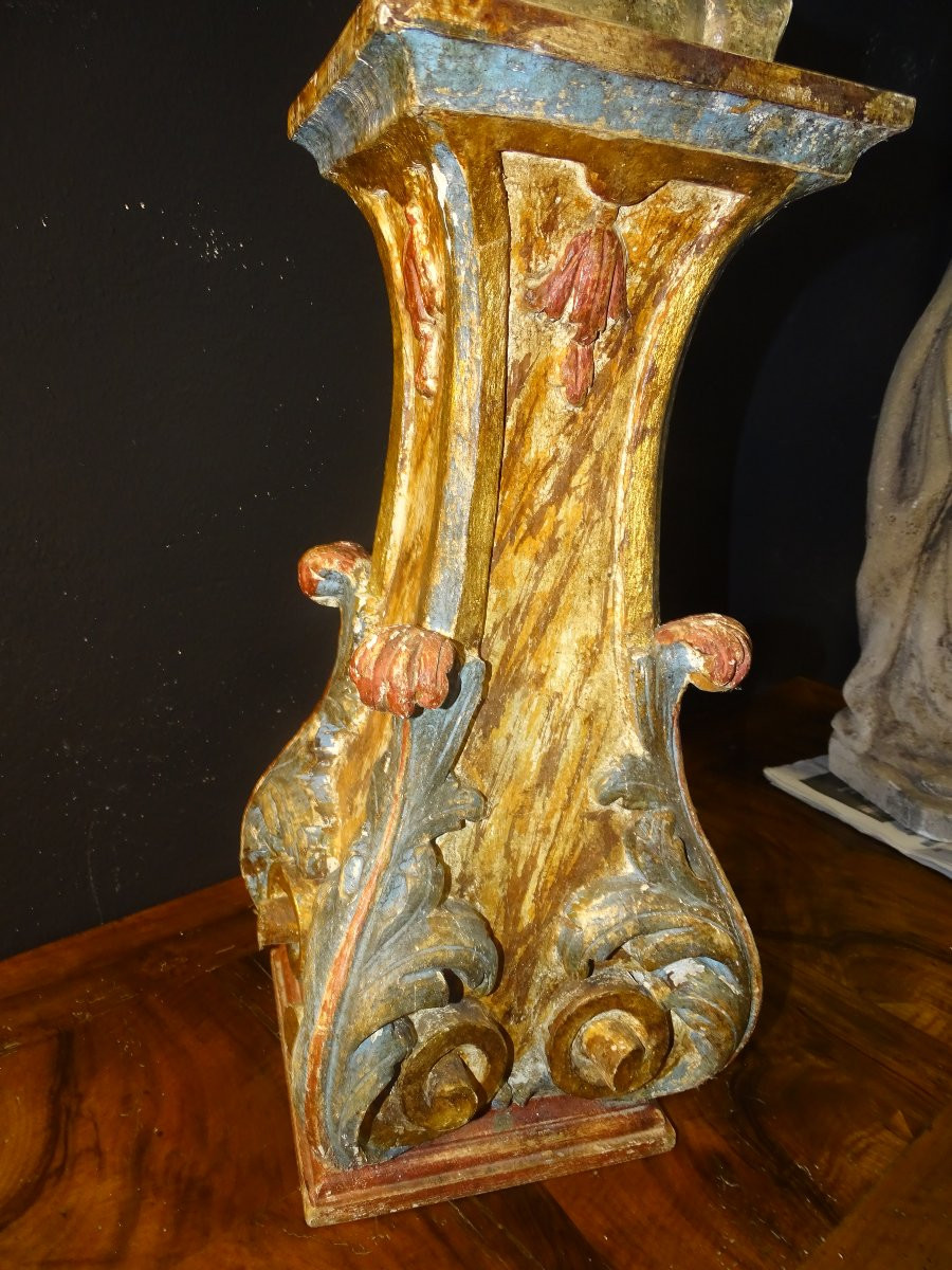 Putti, Angel, Cherub Holding A Polychrome Wooden Torchère, Venice, 19th Century-photo-4