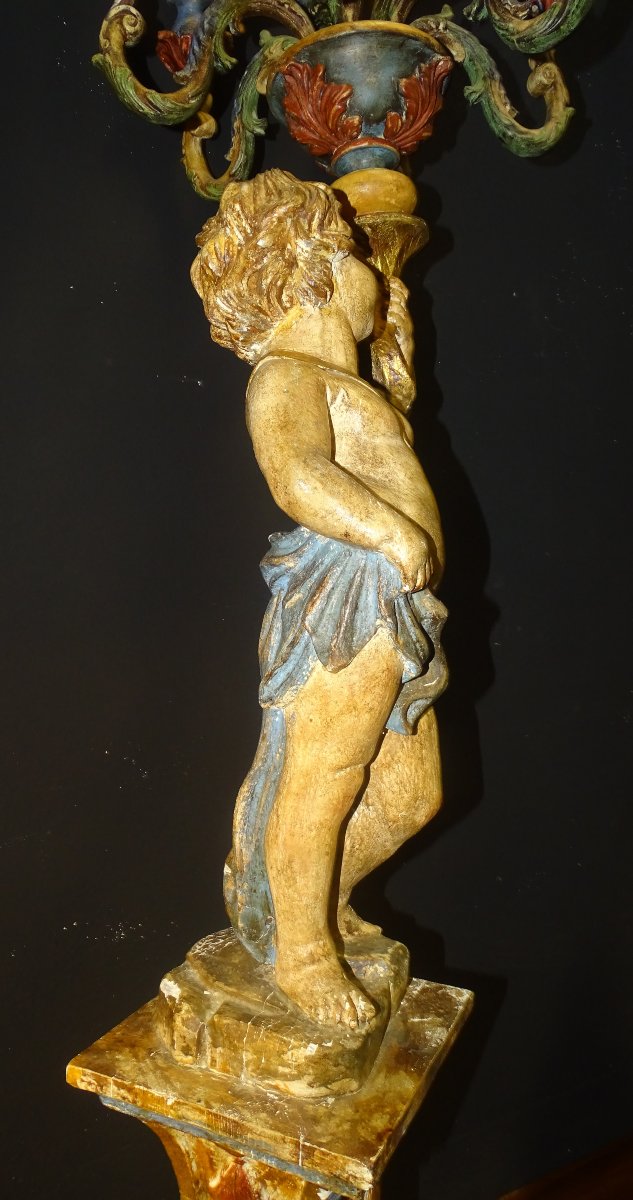 Putti, Angel, Cherub Holding A Polychrome Wooden Torchère, Venice, 19th Century-photo-5