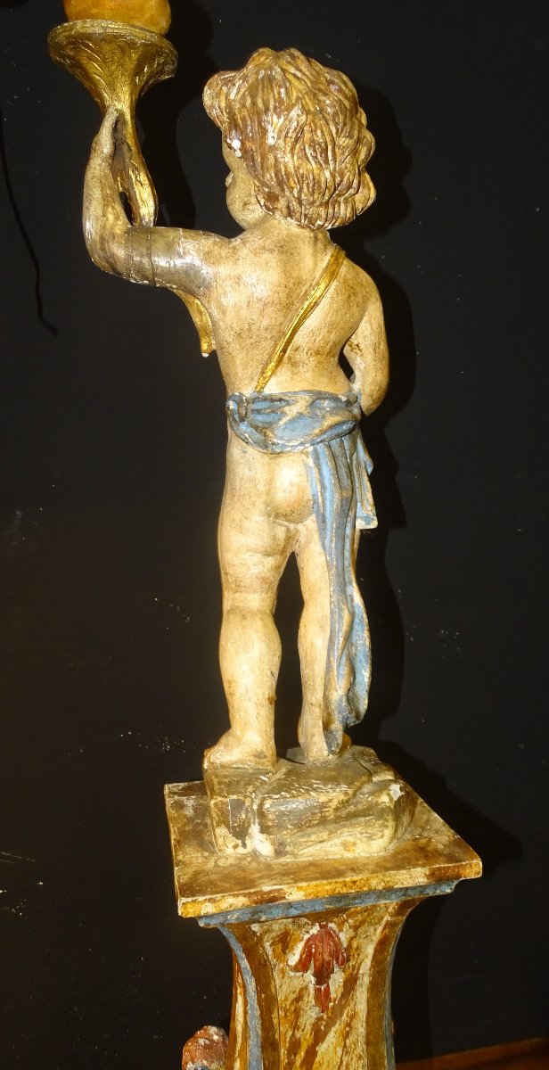 Putti, Angel, Cherub Holding A Polychrome Wooden Torchère, Venice, 19th Century-photo-6
