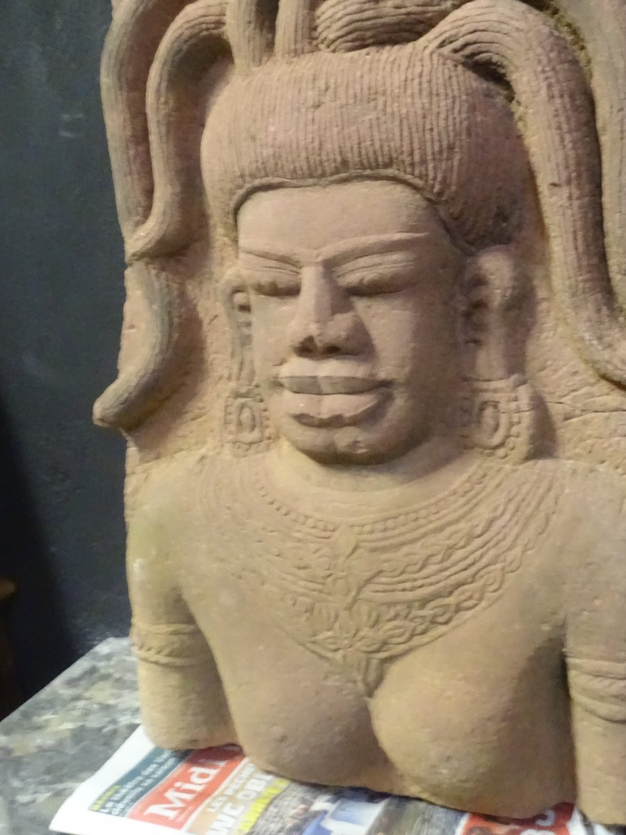 Tete Bouddha khmer XIII XIVème siècle en grés, Cambodge-photo-2