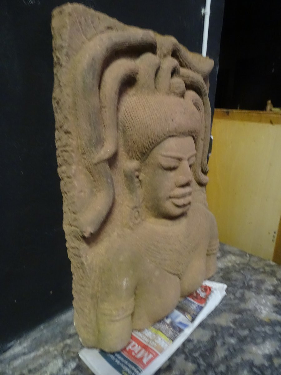 Tete Bouddha khmer XIII XIVème siècle en grés, Cambodge-photo-1