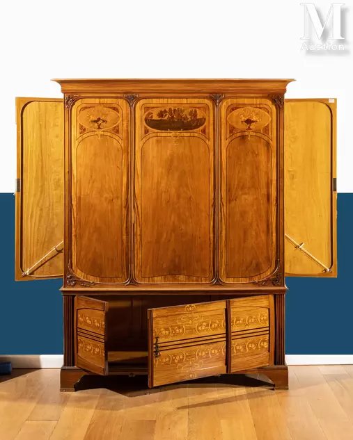 English Art Nouveau Architect's Furniture With Floral Marquetry, Circa 1905-photo-4