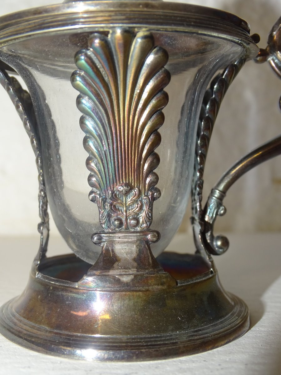 Mustard Pot And Its Empire-style Salt Cellars With Palmettes, Solid Silver, Minerva Hallmark-photo-4