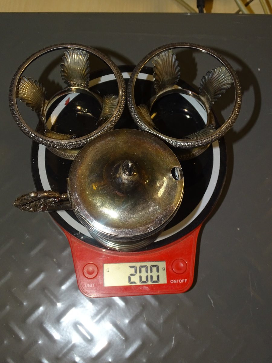 Mustard Pot And Its Empire-style Salt Cellars With Palmettes, Solid Silver, Minerva Hallmark-photo-6