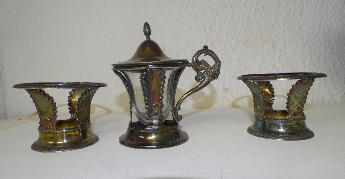 Mustard Pot And Its Empire-style Salt Cellars With Palmettes, Solid Silver, Minerva Hallmark