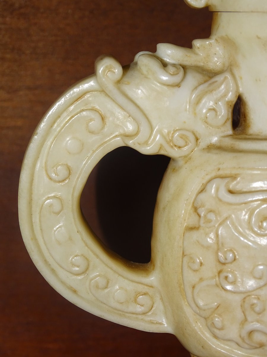 pierre dure, jade, théière couverte sur socle filigrané argent, chine XIXème-photo-3