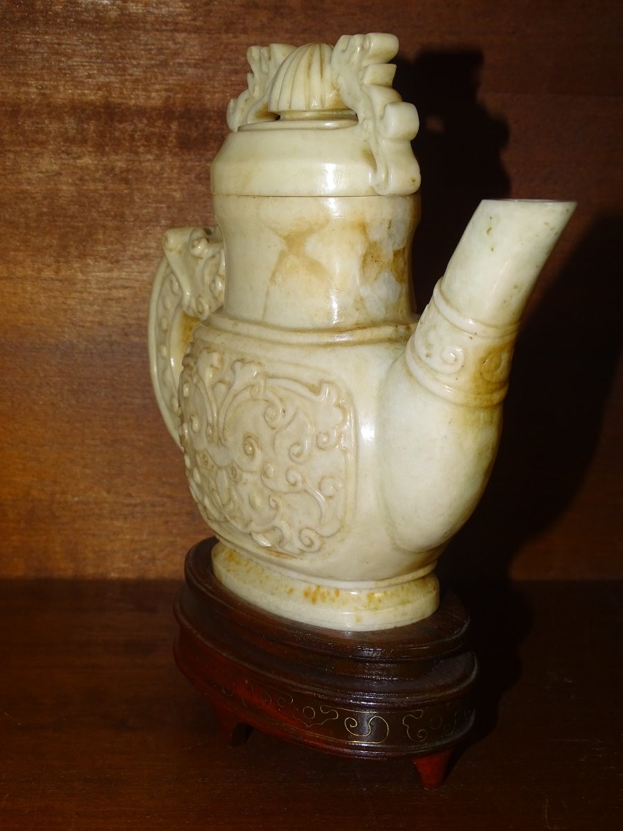 pierre dure, jade, théière couverte sur socle filigrané argent, chine XIXème-photo-2