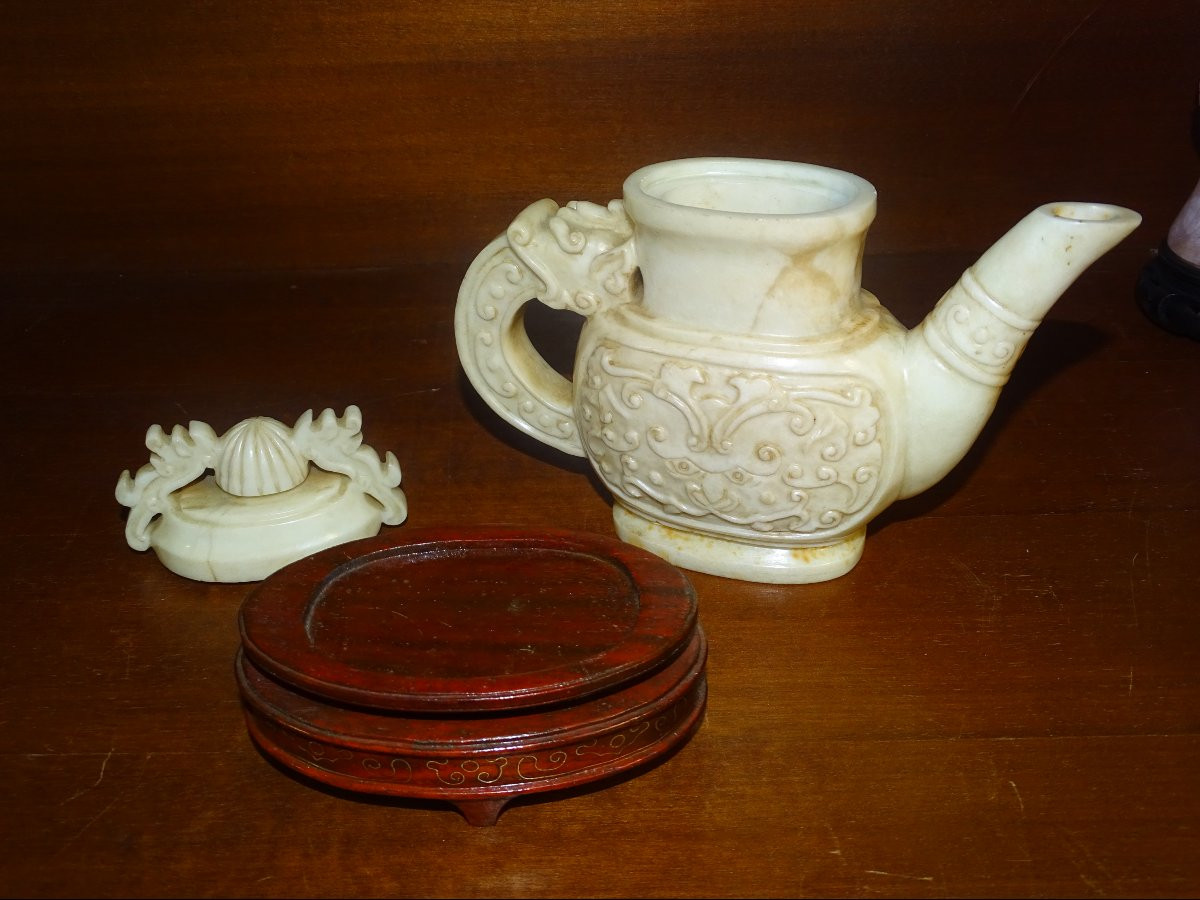 pierre dure, jade, théière couverte sur socle filigrané argent, chine XIXème-photo-3