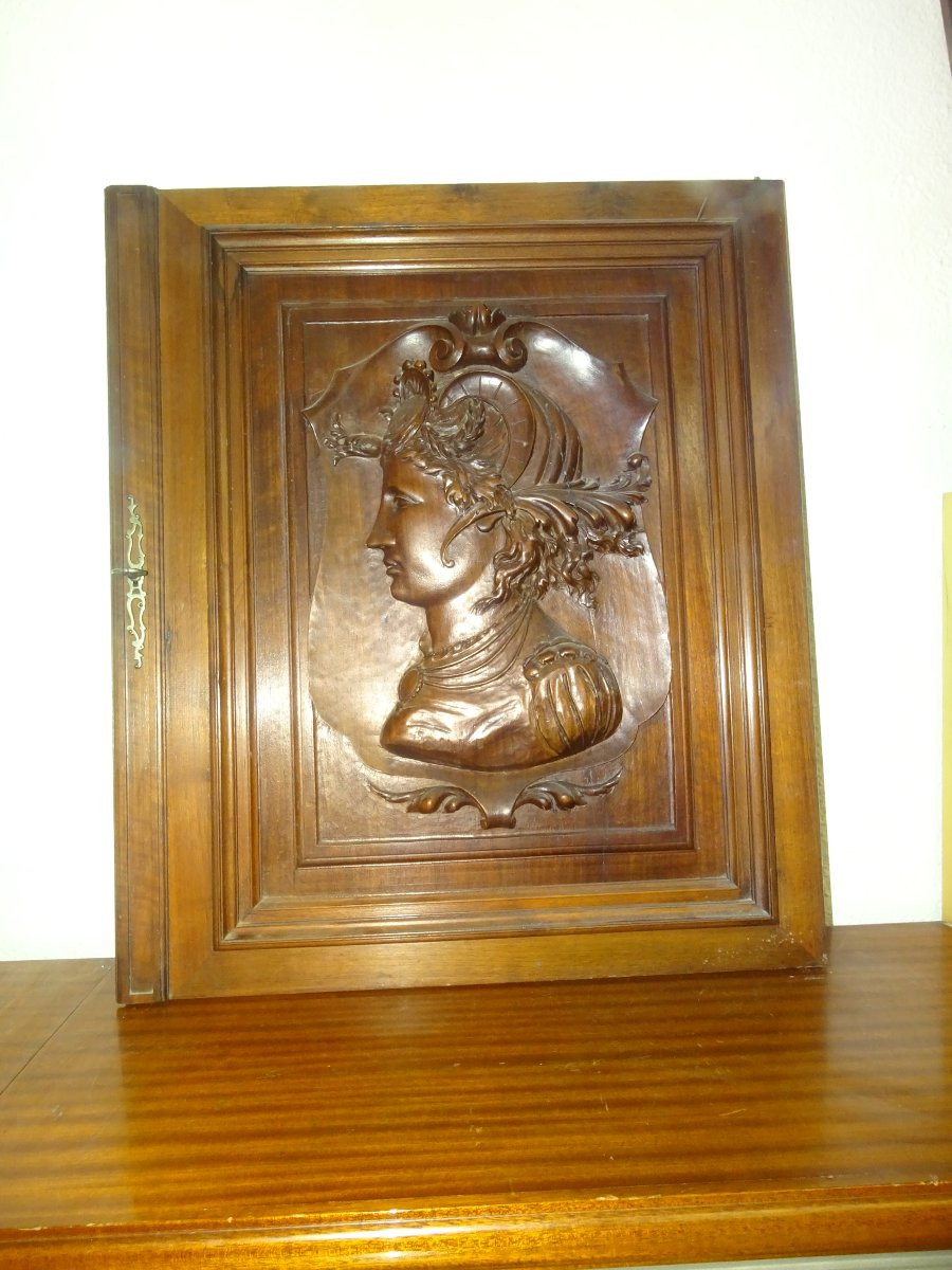 Beautiful Walnut Door Decorated With A Bust Of A Woman Wearing A Hairstyle, 19th Century-photo-2