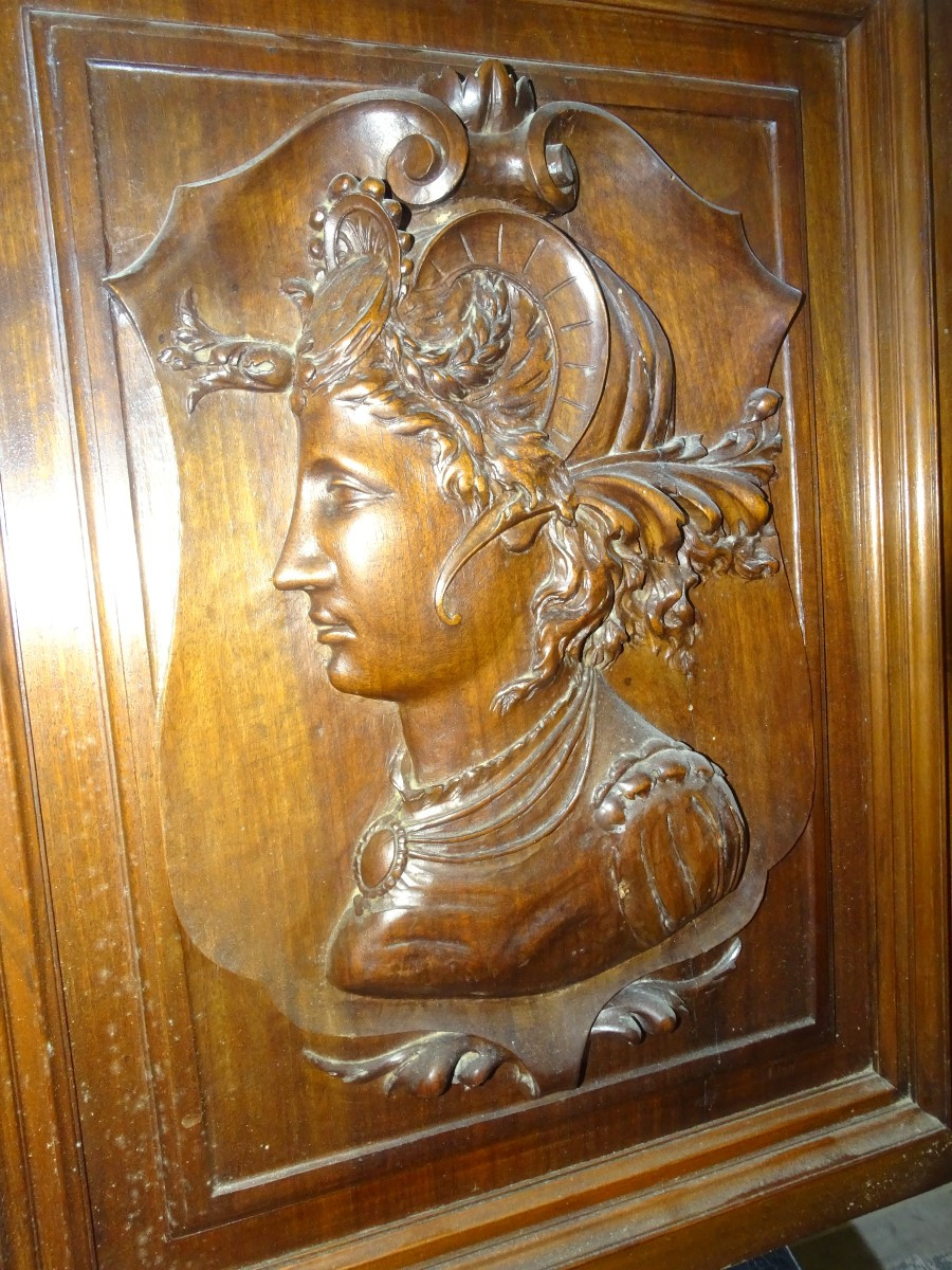 Beautiful Walnut Door Decorated With A Bust Of A Woman Wearing A Hairstyle, 19th Century