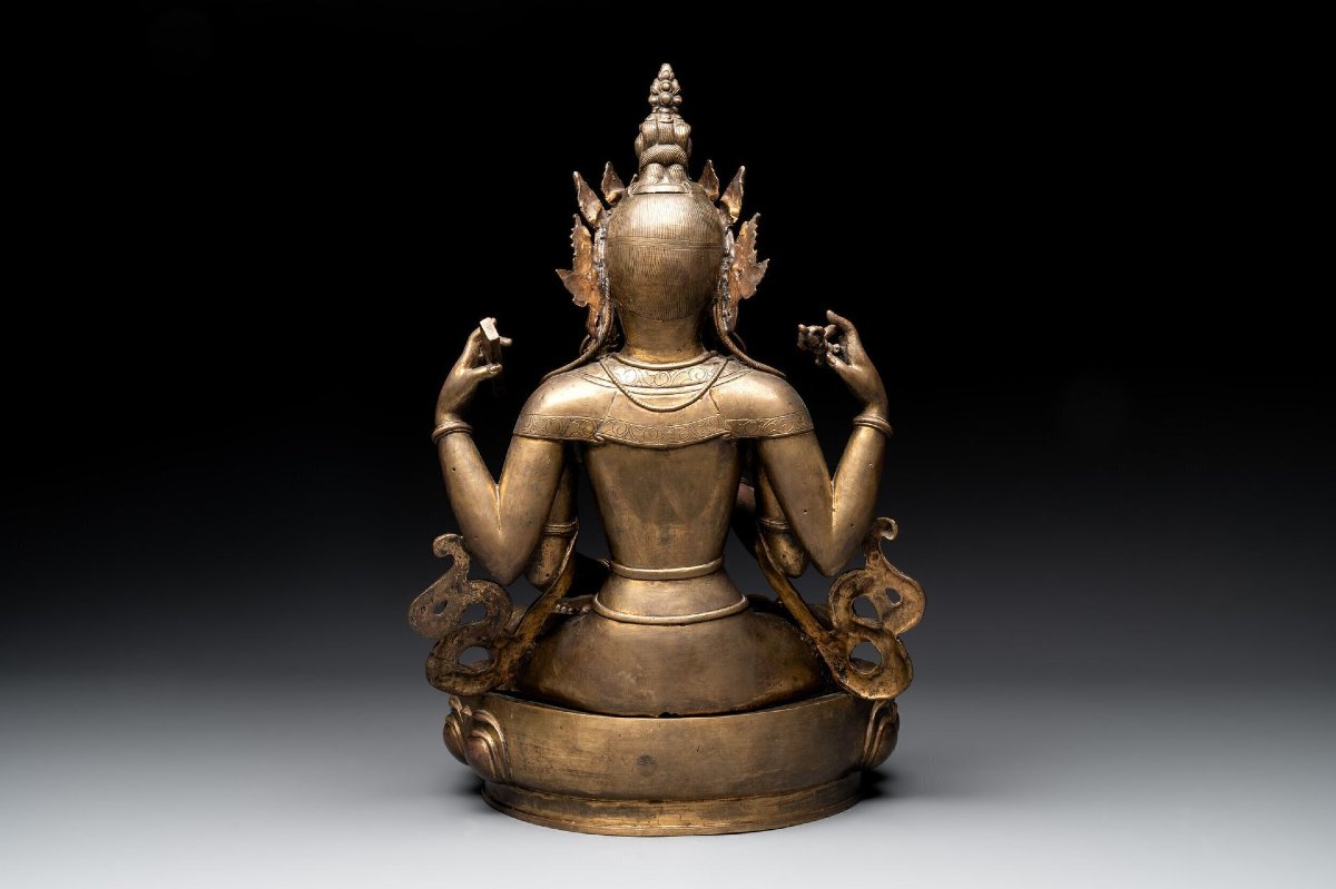 Large Tibetan Bronze Statue Of Shakyamuni Tathagata Buddha, 19th Century-photo-3