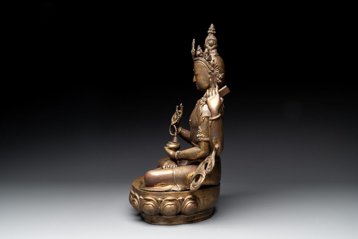 Large Tibetan Bronze Statue Of Shakyamuni Tathagata Buddha, 19th Century-photo-4